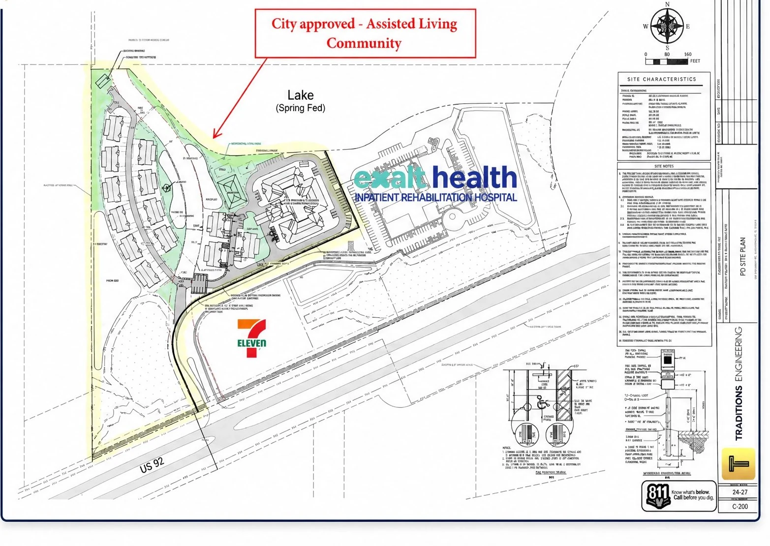 Traditions Engineering PD site plan sheet C-200 for the property, annotated in red: City approved - Assisted Living Community, showing the approved building layout, the spring-fed lake, the adjacent Exalt Health hospital, the 7-Eleven parcel, and US 92 frontage.
